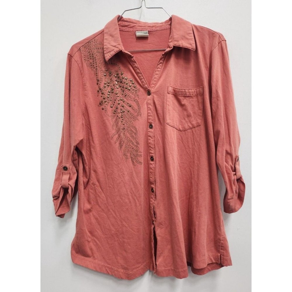 Oleg Cassini Sport Womens Button Up Shirt XL Coral Embellished Tab Sleeve
